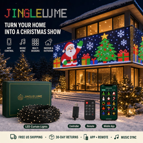 JingleLume animated Christmas LED curtain on a balcony - box, lights, controller, remote and app