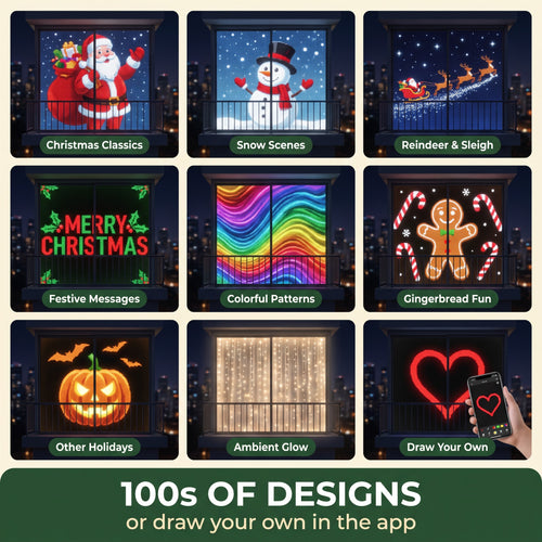 100s of designs: Santa, snowman, reindeer and sleigh, Merry Christmas, rainbow, gingerbread, Halloween, ambient, draw your own
