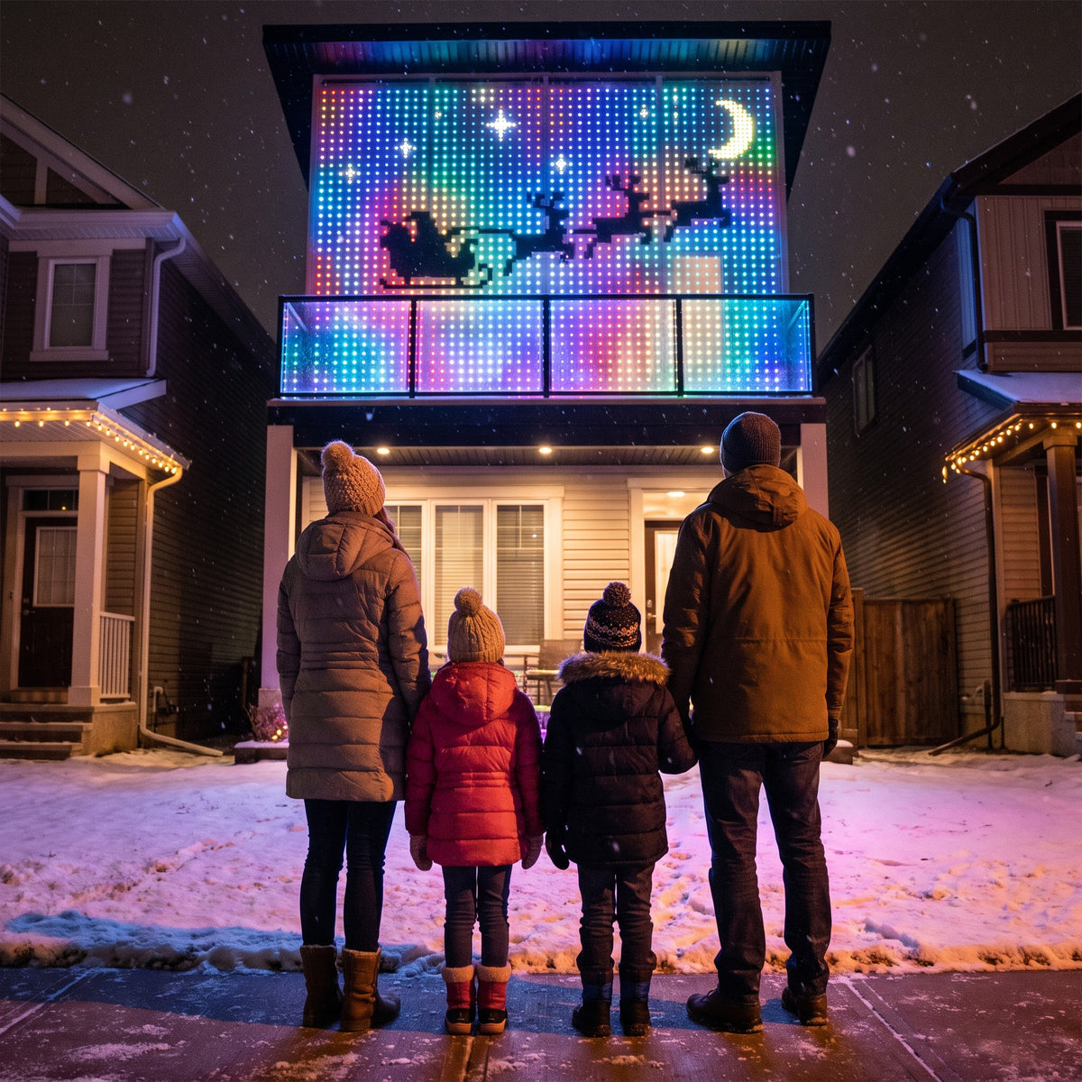 Family watching Santa's sleigh fly across their LED balcony display