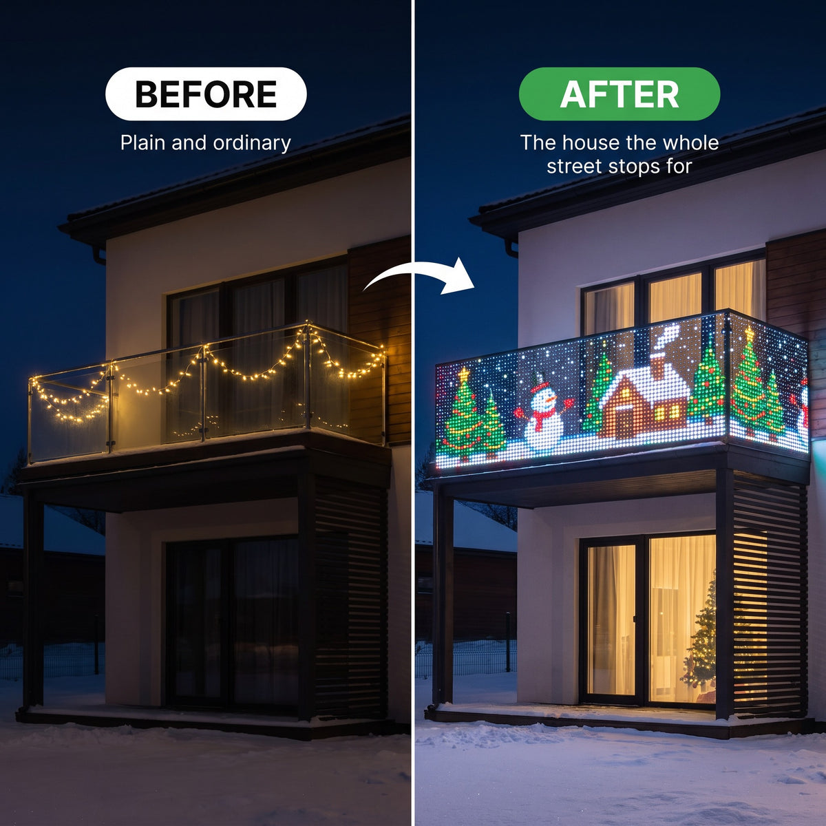 Before and after: plain balcony vs. animated Christmas scene