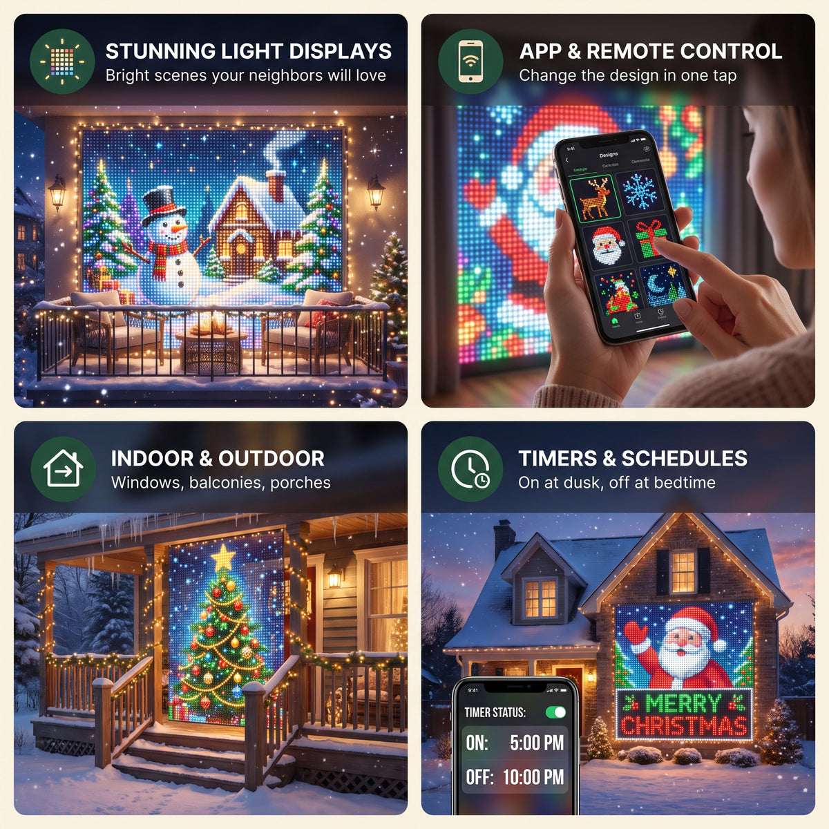 Features: stunning displays, app and remote, indoor and outdoor, timers