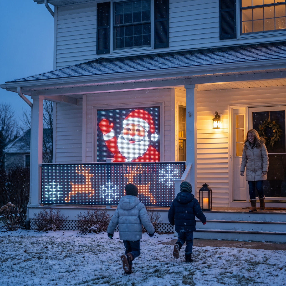 American house with LED window and porch displays, kids running in the snow